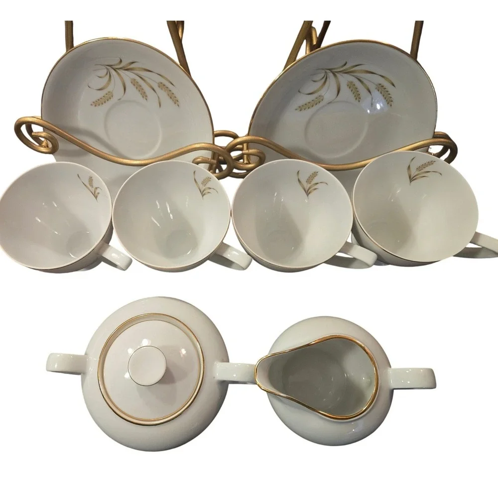Vintage White Porcelain‎ Golden Wheat Tea Set Sugar Creamer 4 Cups 2 Saucers